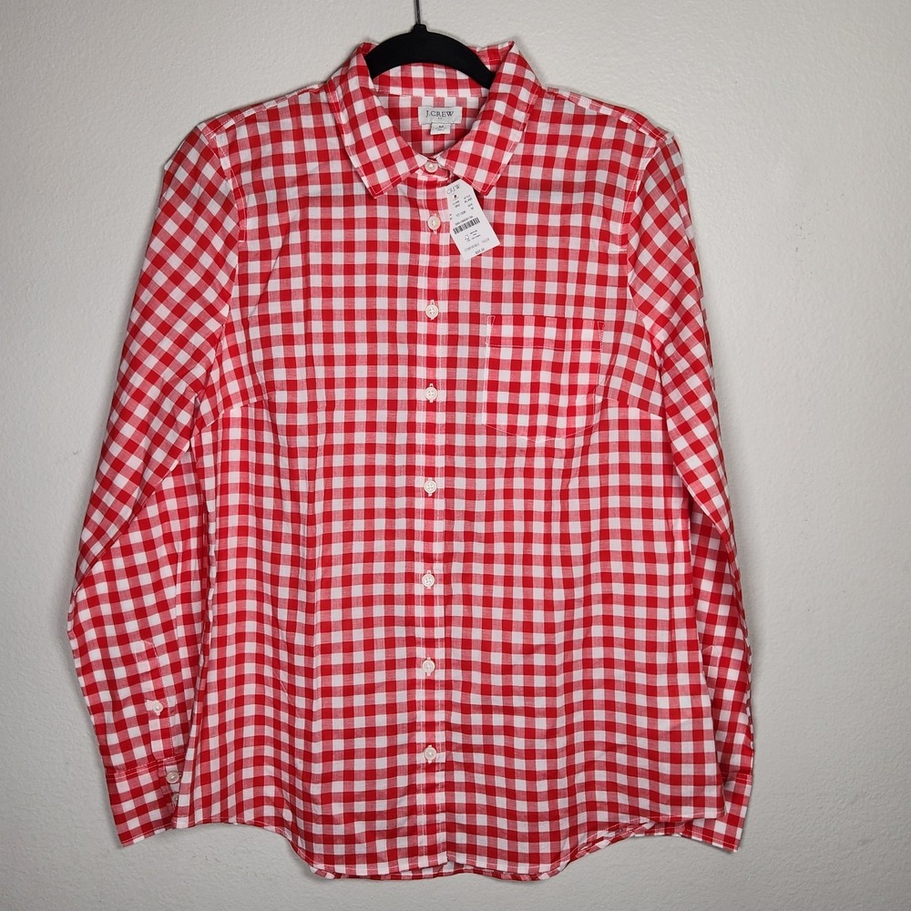 NEW J.Crew Womens Medium Red White Gingham Plaid Button Shirt Preppy Americana